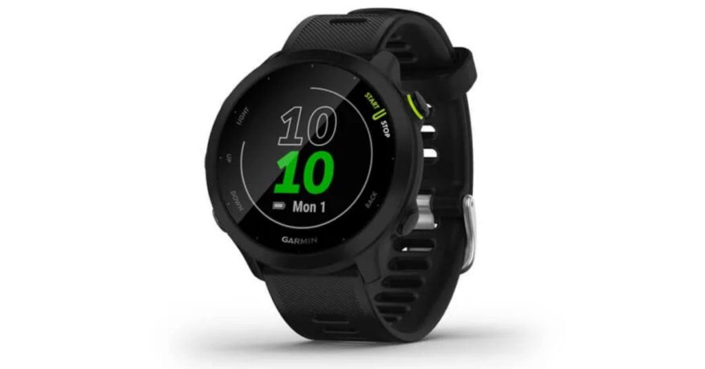 The image shows the Garmin Forerunner 55, which is perhaps one of the best hr monitors available on the market.